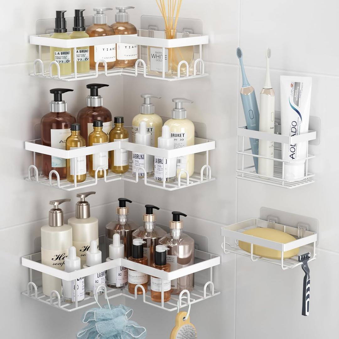 Liuoud Corner Shower Caddy 5 Pack, Rustproof Stainless Steel Shower Organizer with Soap Rack Toothbrush Holder, Large Capacity Adhesive No Drilling Bathroom Kitchen & Home Decor Set, White