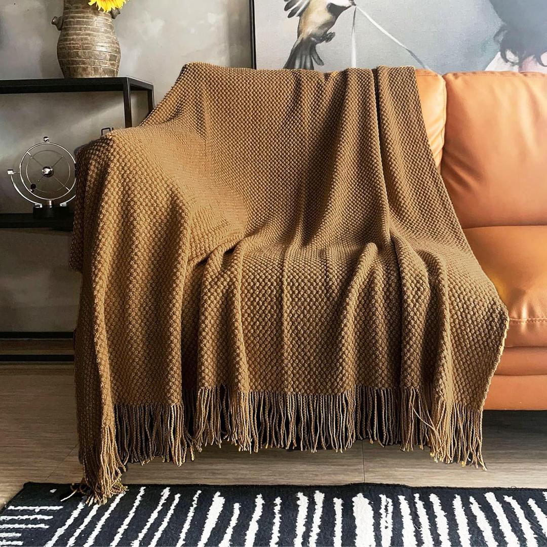 LOMAO Knitted Throw Blanket with Tassels Bubble Textured Soft Blanket Lightweight Warm Throws for Couch Cover Home Decor (Khaki, 50x60)