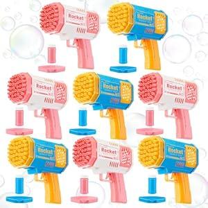 8-Pack Bubble Gun with Solution Refill, 40-Hole Automatic Rocket Shape Bubble Machine Blaster Blower Bulk for Wedding, Outdoors, Party Favors, Photo Prop, Reception Entertainment
