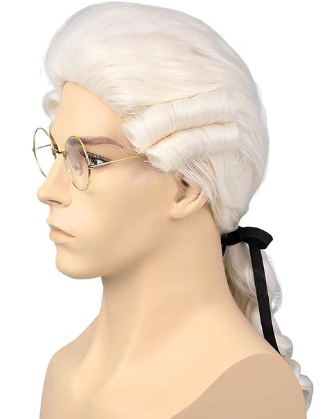 Bettecos Mens Judge Colonial Wig with Glasses Long Blonde Powdered Wavy Wig Costume Cosplay Halloween Party White Wigs (Beige)