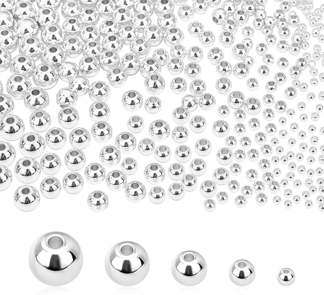 PH PandaHall 5 Sizes Smooth Round Beads, 300pcs 14K Silver Plated Beads Little Round Bead Seamless Ball Bead Long-Lasting Spacers for Hawaii Layered Bracelet Necklace Jewelry DIY Crafts 2/3/4/5/6mm