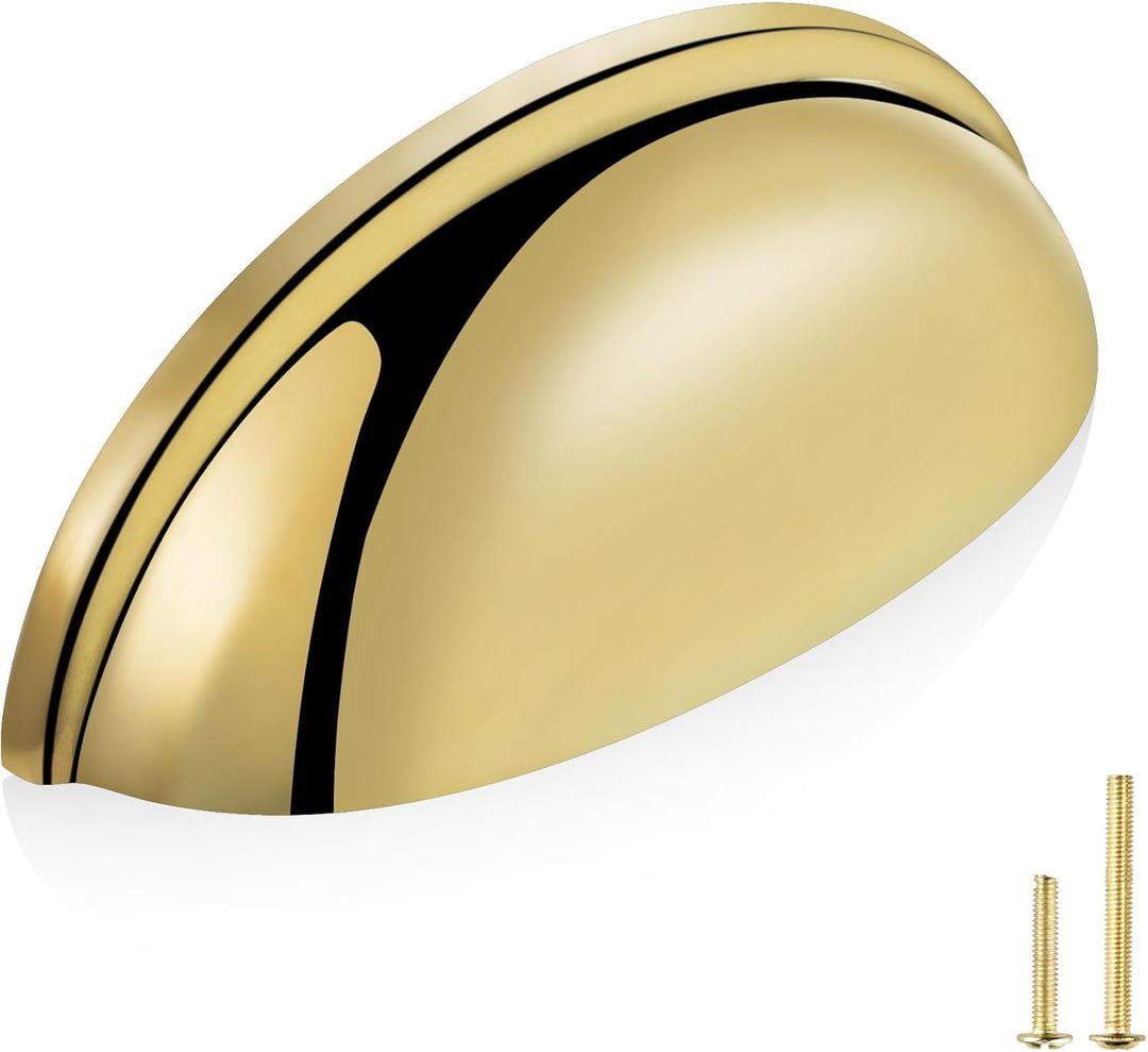 QOGRISUN 5-Pack Unlacquered Brass Cabinet Cup Pulls, Gold Bin Cup Drawer Dresser Handles, 3-Inch Hole Center, Kitchen Cupboard Hardware,Lead-Free Polished Brass Finish