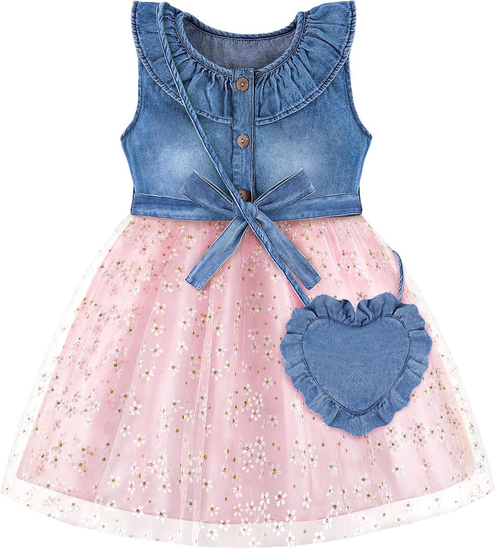 HONGTEYA Toddler Girl Dress Baby Denim Dress Summer Clothes Outfit with Cute Bag 12-18M