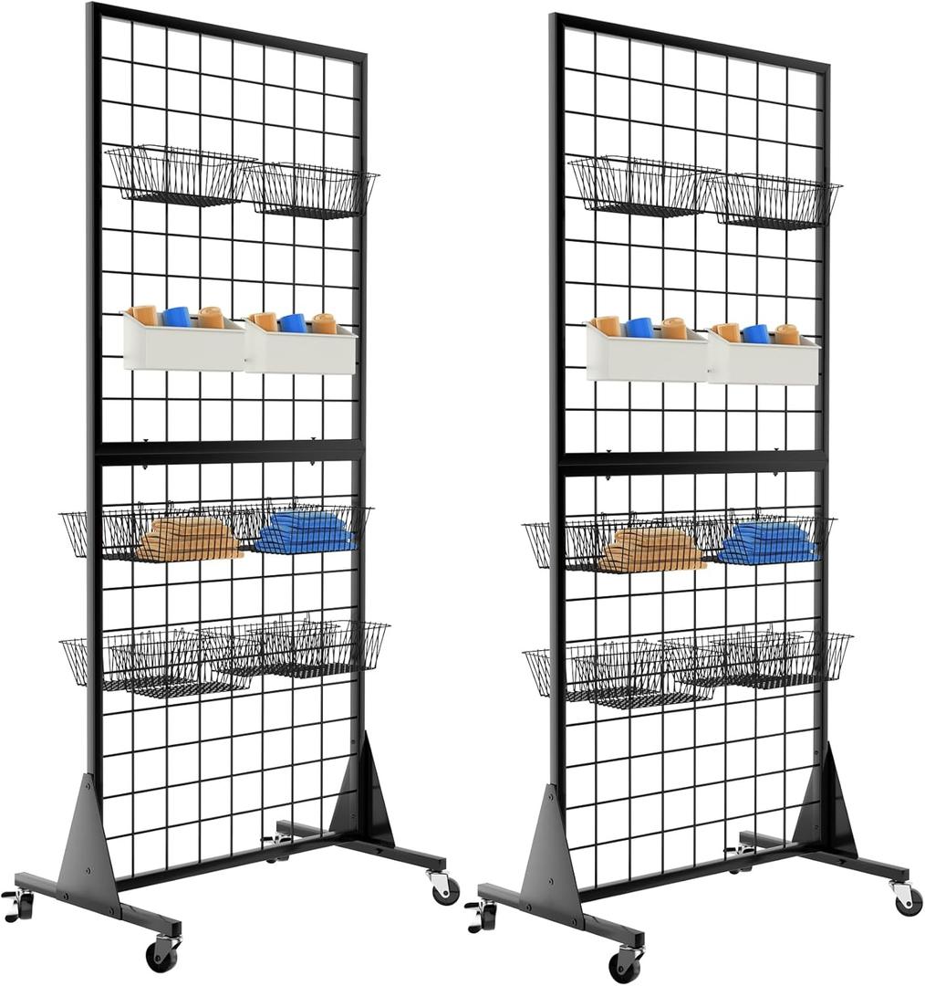 2-Pack Gridwall Panel Display Stand, 2'x5.5' Heavy Duty Floor Standing Rack with Detachable Girdwall, Movable Silent Wheel, Easy to Transport, Ideal for Retail & Craft Fairs