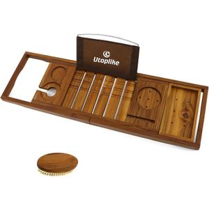 Utoplike Teak Bathtub Caddy Tray Bath Tray for Tub, Unique Bathtub Organizer with Book Tablet Glass Cup Towel Holder, Adjustable, for Your Loved