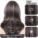 XIUFAXIRUSI XIUFAXIRUSI Long Layered Wavy Wigs for Women Synthetic Natural Hair Wig Dark Brown Mix Grey Highlights Wavy Hair Wigs Heat Resistant Synthetic Halloween Costume Wig,Dark Brown Mix Grey