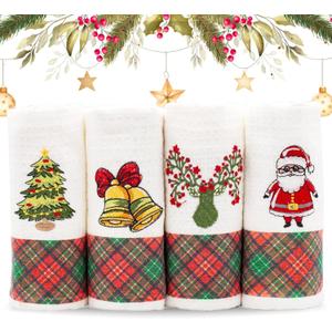 Lavien Home Christmas Kitchen Towels Embroidered, Cotton Dishcloths Decoration for Xmas with Plaid (Set of 4), Waffle Weave Cute Tree, Santa, Bell, Deer, 16 x 23 inches