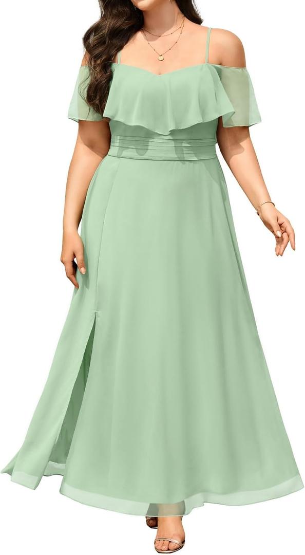 Pinup Fashion Women Plus Size Bridesmaid Dresses - Off The Shoulder Formal Wedding Guest Bridal Shower Long Dress (Sage Green)