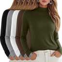 Velvelhall 5 Pack Women's Cotton Mock Turtleneck Long Sleeve T-Shirts, Basic Tops Slim Fitted Stretch Underwear Layer Tee, Size Large