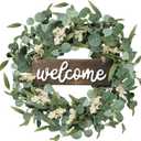 Sggvecsy Green Eucalyptus Wreath with Welcome Sign 20in Artificial Spring Summer White Berries for Front Door Wall Window Festival Farmhouse Porch Patio Garden Decor, White,green (20 inches, 1 Pc)