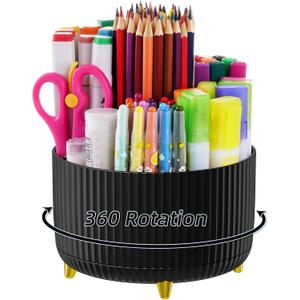 Marbrasse Desk Organizer - 360-Degree Rotating Pen Holder with 5 Compartments, Art Supply Storage Box Caddy for Office and Home (Black)