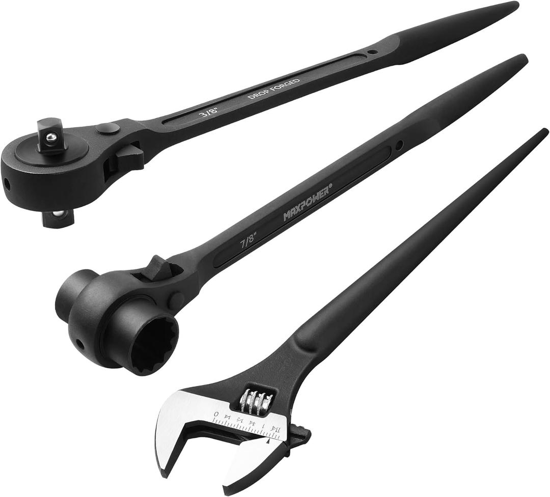 MAXPOWER 3Pcs Spud Ratchet Set, 3/4" x 7/8" Dual Socket Scaffold Wrench, 1/2" x 3/8" Dual Head Ratchet, 12 inch Spud Wrench