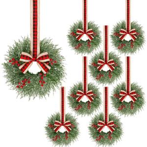 Soulchen 8 Pcs 13 Inch Small Christmas Wreath for Kitchen Cabinets Mini Christmas Wreath for Windows Winter Wreaths Candle Rings Table Centerpieces Hanging Garlands for Xmas Front Door Decorations