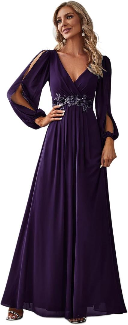 Ever-Pretty Women's V Neck Long Lantern Sleeves Floor Length Ruched Chiffon A-Line Formal Evening Dress 00461 (Purple, XXL)