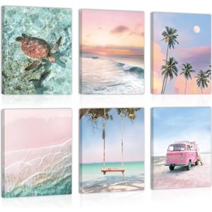 HPNIUB Beach Canvas Wall Art, Tropical Summer Ocean Coastal Posters, Set Of 6 Piece (8x10inch,Framed) Preppy Gallery Beachy Prints, Girly Coconut Tree Turtle Bus Room Decor, California Beachy Pictures