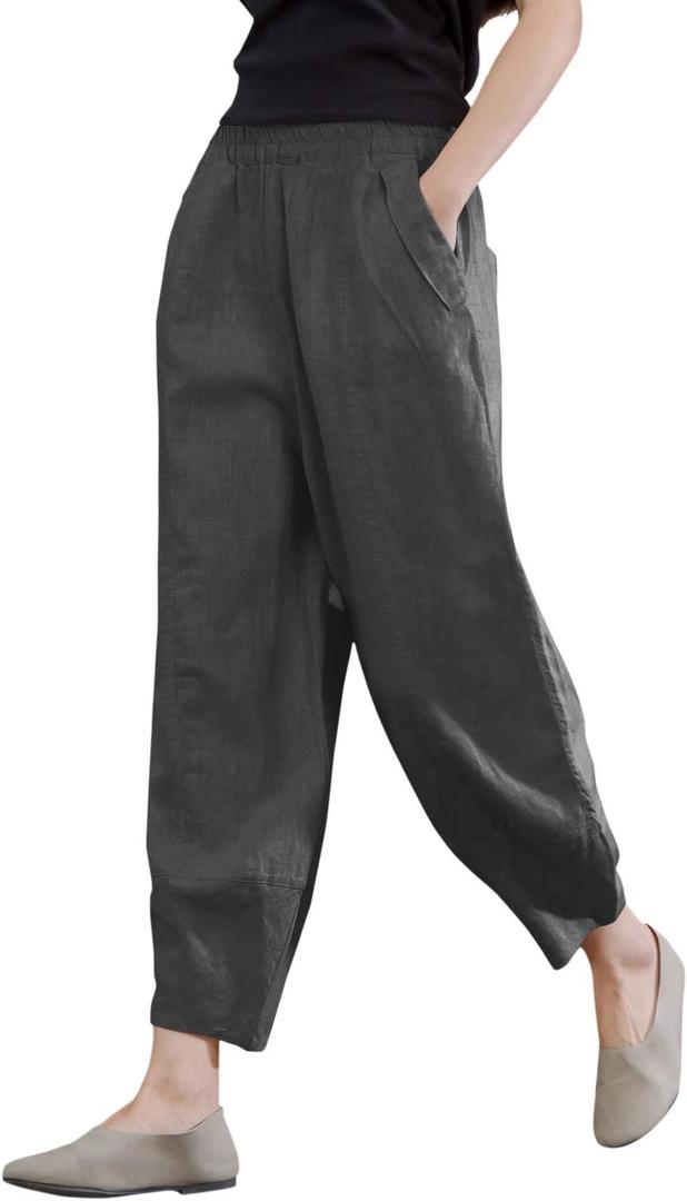 IXIMO Women's 100% Linen Pants Relax Fit Lantern Cropped TaperedPants Trousers with Elastic Waist (Medium, Dark Gray)