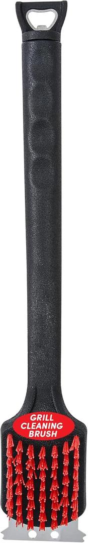 Kingsford Grill Cleaning Brush and Scraper with Nylon Bristles, Bottle Opener, and Rubber Handle - Heavy Duty BBQ Grill Scrubber for Outdoor Grill Cleaner, Barbecue Brush, 17 Inch