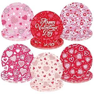 QZYL 48 PCS Valentines Plates, 9 IN Pink Red Color Heart Paper Plates, Round Heart Love Design Valentine's Plate Love Party Plates, Disposable VD Dinnerware for Valentines Anniversaries Wedding