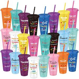 Vesici 11 Pcs Teacher Appreciation Gift 24 oz Tumbler with Straw and Lid Reusable Plastic Cups Iced Coffee Water Bottle Cold Drink Travel Mug Reusable Cups for Teacher Graduation Birthday