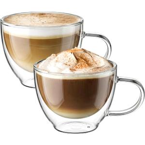 ecooe Double Walled Glass Coffee Mug 12 oz Latte Cappuccino Cups Set of 2, Clear Glass Coffee Cups with Handle, 350 ml Insulated Coffee Cup Borosilicate Heat Resistant Glass Mug Tea Cup