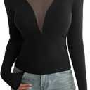 Trendy Deep V Sheer Mesh Women's T Shirts Long Sleeve Going Out Basic Tops (Black, M)