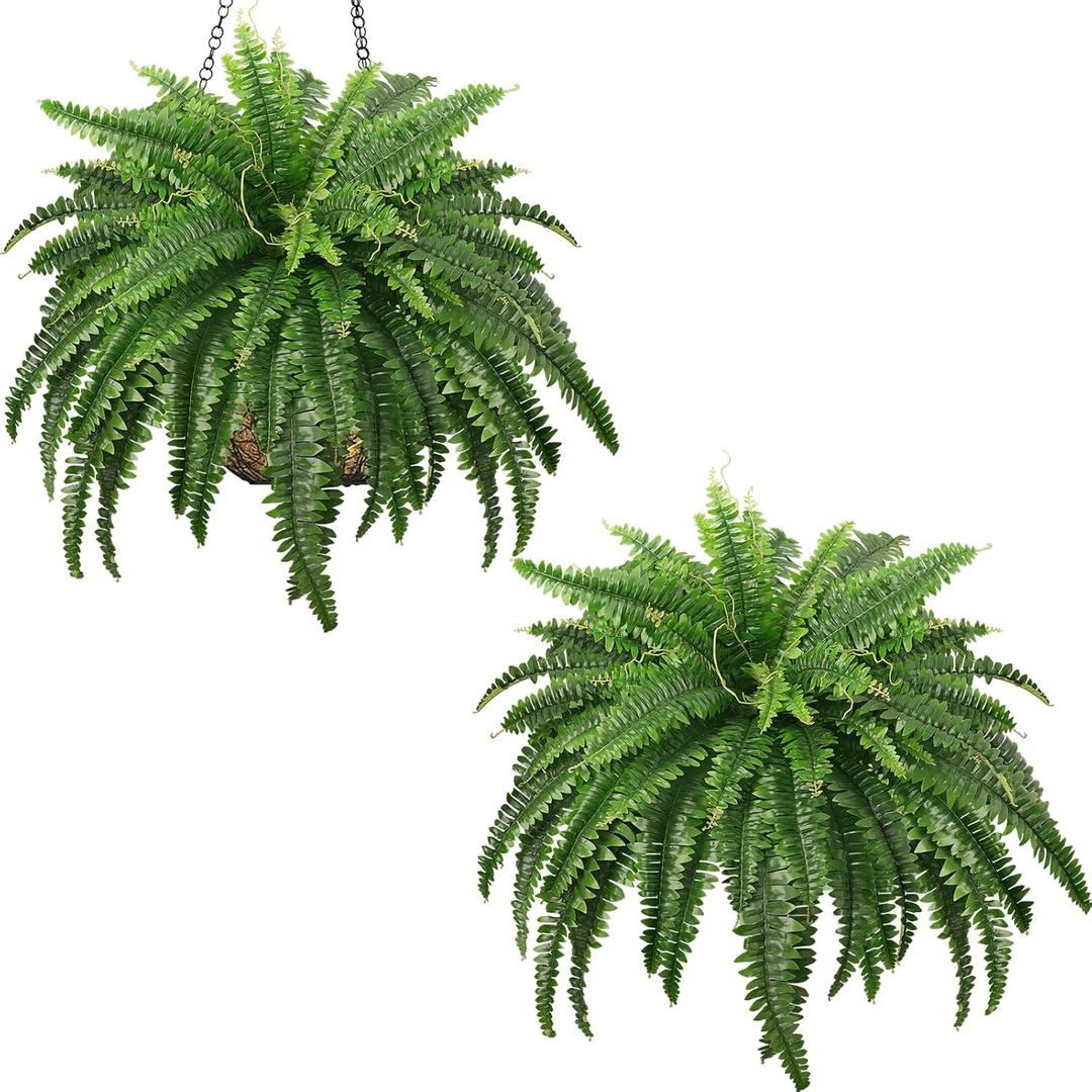 Artificial Boston Ferns, 45IN Faux Ferns Artificial Plants, 2 Large Fake Bush Plants with 59 Fronds for Outdoors Patio Hanging Planter Hotel Lobby Home Decor