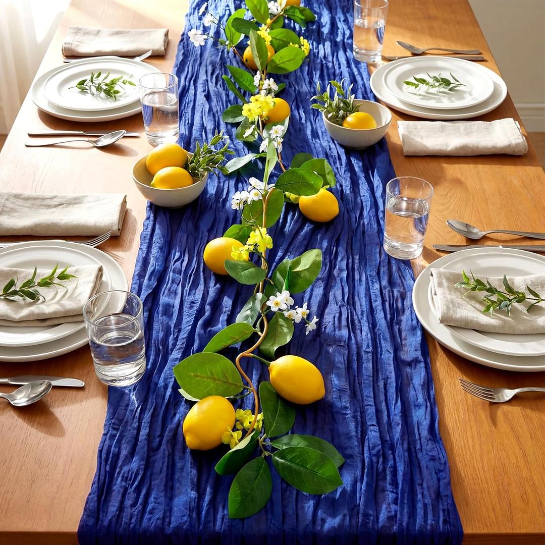 2 Pcs Amalfi Coast Party Decorations Mediterranean Table Decor, 6 ft Lemon Garland and 35x 71 in Blue Cheesecloth Table Runner Capri Lemon Garland Italian Runner Summer Party Home Decor
