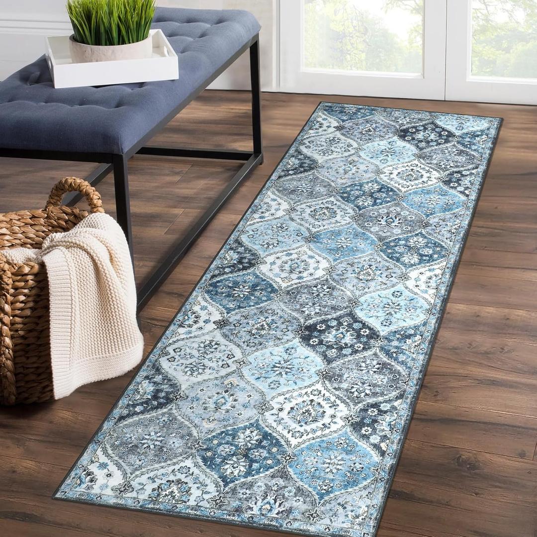 Runner Rug Washable Moroccan Trellis Hallway Runner Rug Entryway Rug, Stain Resistant Non-Slip Vintage Distressed Bedroom Rug Runner Entrance Carpet for Laundry Kitchen, Blue/Grey, 2' x 6'