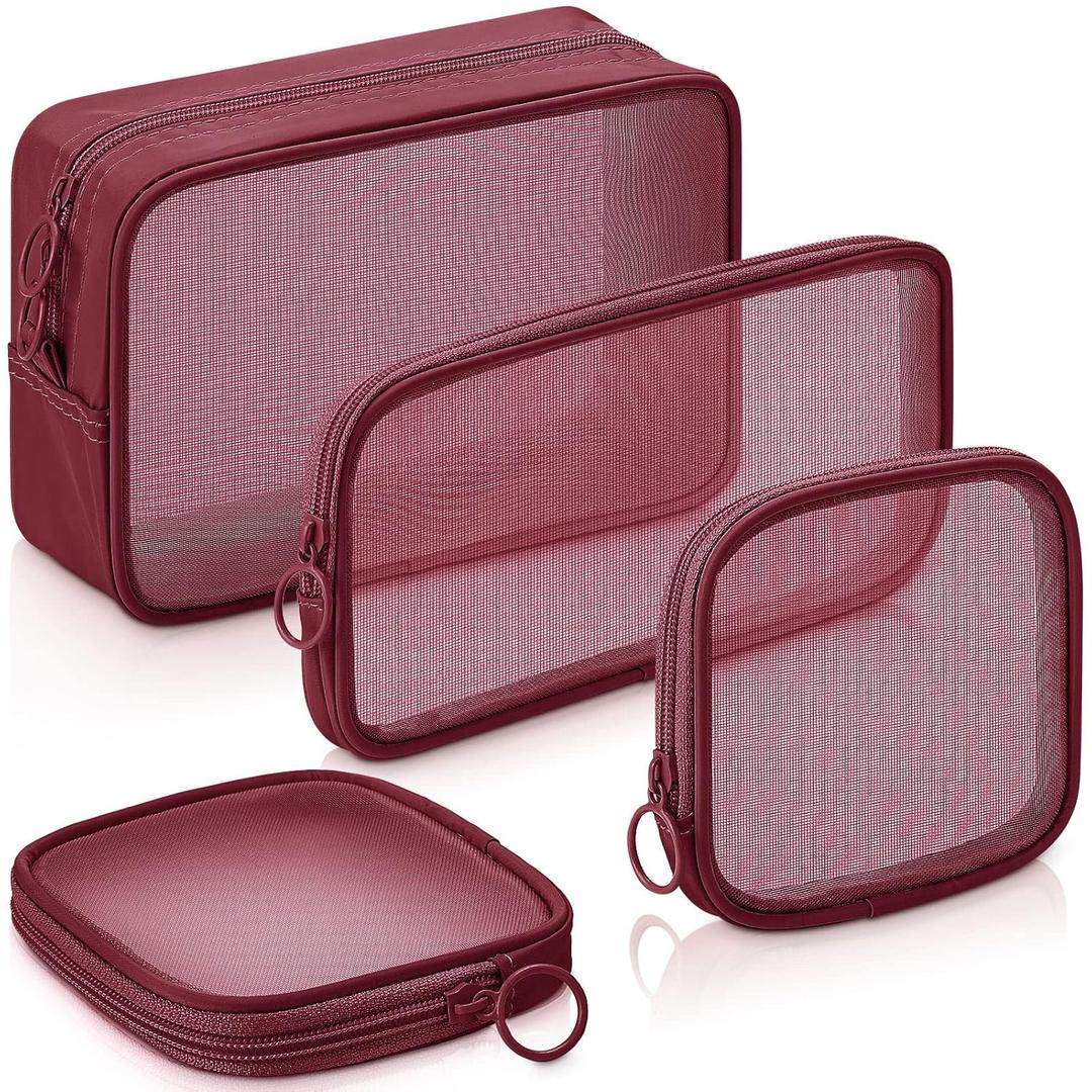 Weewooday 4 Pcs Mesh Makeup Bag Mesh Cosmetic Bag Travel Toiletry Pouch with Zipper Mini Makeup Cosmetic Purse for Daily Accessory(Small, Large, Medium,Wine Red) (Variety Pack)
