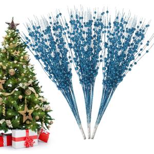 Losris Christmas Artificial Glitter Berry Stem Decorations Decorative Bead Sticks Xmas Picks Glittery Twigs Branches for Christmas Tree Wreath Gift Vase Home Decor Party Ornaments Blue 24 PCS