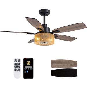46 Inch Boho Black Hemp Ceiling Fans with Lights and Remote Control, Farmhouse Caged Rattan Ceiling Fan for Dining Room, Bedroom, Living Room and Patio, Indoor/Outdoor (Memoir)
