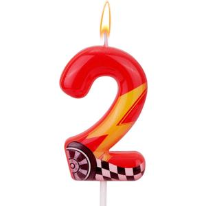 3 x Racing Car Theme Birthday Candles, Number Candles for Birthday Party Cake Decoration Supplies (Red, Number 2)
