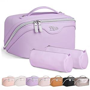 BOYATU Travel Makeup Bags for Women: Vegan Leather Cosmetic Bag Set of 3 - Large Capacity Make up Bag with Divider - Wide Open Waterproof Toiletry Organizer Bag with Handle (05-Purple)