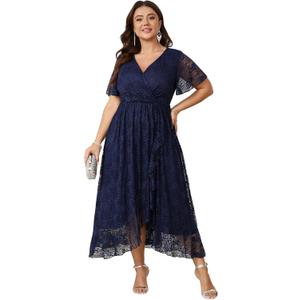 SCOMCHIC Womens Plus Size Wedding Guest Dress Formal Lace Wrap V Neck High Low Short Sleeve Cocktail Maxi Dresses (3X-Large Plus)
