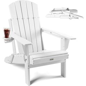 Folding Adirondack Chair with Wood Texture, HDPE All-Weather Fire Pit Chairs, Plastic Adirondack Chairs with 2 Cup Holder, Outdoor Lawn Chair for Patio Garden (Teak)
