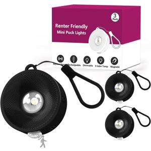 2" Rechargeable Mini Puck Lights w/Lanyard, Renter Friendly Magnetic Stick On Battery Operated Lights, Wireless Motion Sensor Light Indoor for Closet, Wall, Shelves, Kitchen, Locker - 3Pack/Black