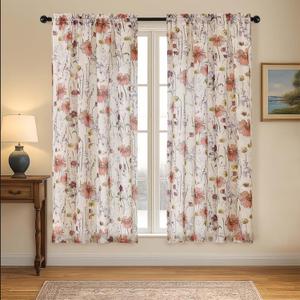 OVZME Crushed Floral Sheer Curtains for Bedroom 63 Inch Length for Living Room 2 Panels Set, Soft Airy Printed Design Textured Light Filtering Drapes, Semi Sheer Bedroom Curtains, Each 42Wx63L inches