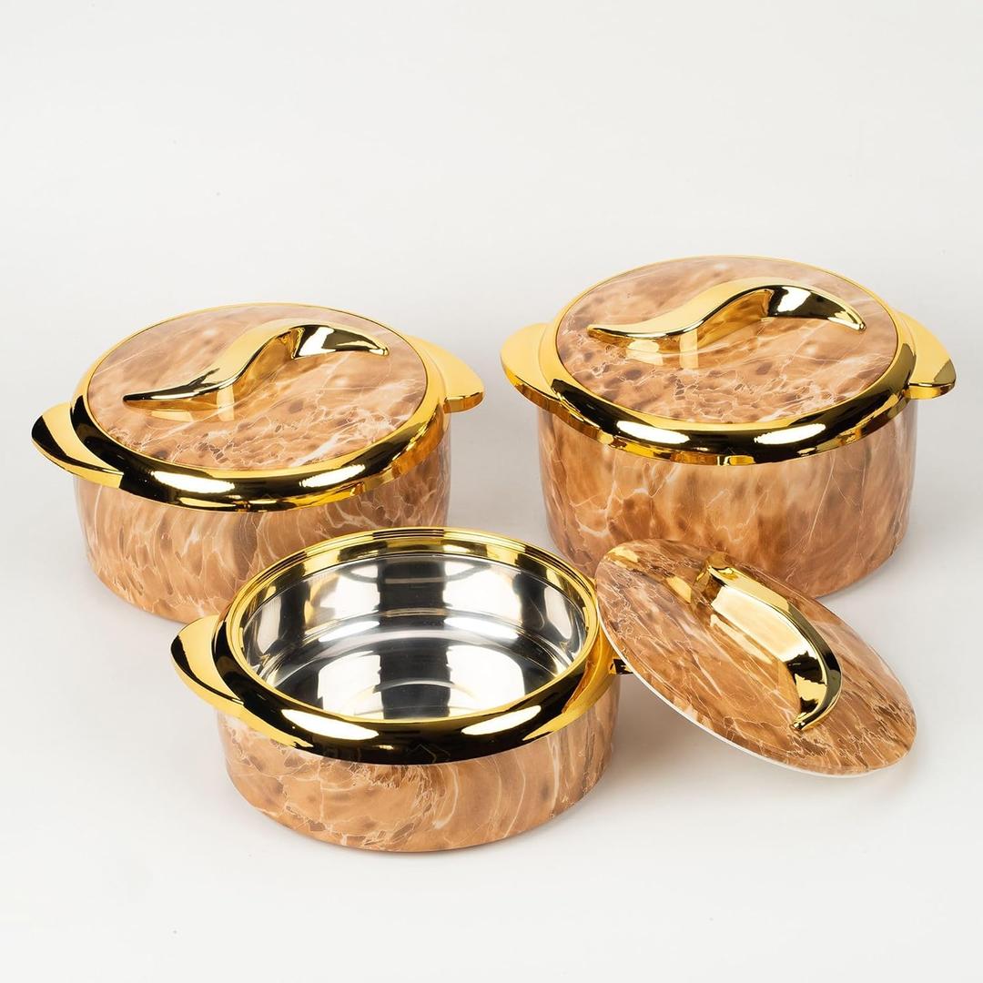 Insulated Thermal Bowl 3 pc. Set 2.6/2.1/1.6 qt. - Keep Food Warm for Hours - Versatile Serving Dishes with Lids - Perfect for Parties and Everyday Use-Marble Bronze