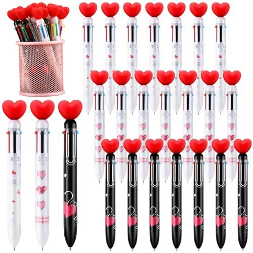 Sayglossy 24 Pcs Heart Shaped Pens Bulk, 6 in 1 Multicolor Retractable Ballpoint Pens 0.7mm, Cute Heart Top Pen for Valentine Exchange, Party Favors, Reward Prizes