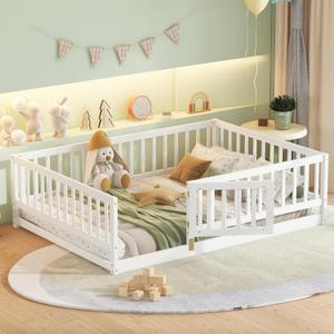 Bellemave Full Size Montessori Bed with High Rails, High Rails Montessori Floor Bed with Slats and Door, Easy Assemble Full Size Floor Beds for Girls, Boys, White