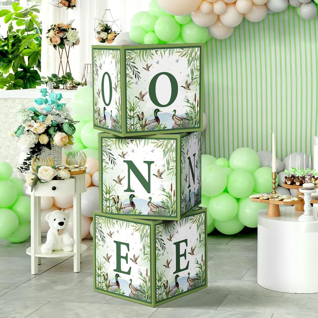 AmazingSpark One Lucky Duck Birthday Decorations Box Sage Green Boxes with Letters for Baby Shower Mallard Duck Hunting Party Blocks Centerpiece Decor for 1st Birthday Gender Reveal Party Favors