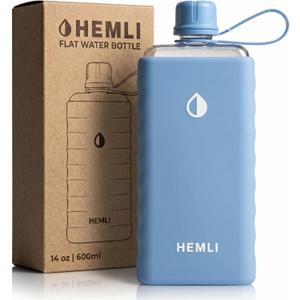 14 oz Tritan Flat Water Bottle with SIlicone Case, Square Water Bottle For Travel, Bags, and Purses, Slim Lightweight Leakproof (Light Blue)
