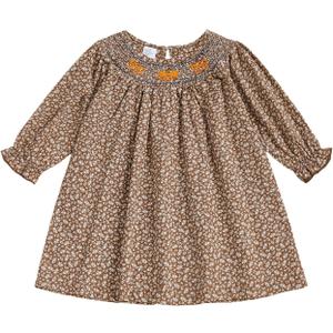 Little Toddler Girl Fall Outfit Floral Pattern Bow Long Sleeve Dress Smocked Bubble Baby Clothes (Brown)