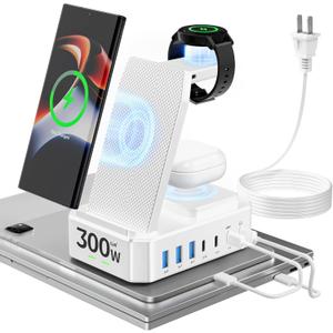 300W Wireless Charger for Samsung,Zutspzss 10 in 1 Wireless Charging Station, 65W USB C Fast Charging Stand for Samsung S25 Ultra/S24/S23/S22/Z Fold,Galaxy Watch Ultra7/6/5,Galaxy Buds,White