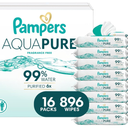 Pampers Aqua Pure Baby Wipes, Unscented, Fragrance Free, 99% Water, Water Based, Multi-Use, 896 Wipes Total 