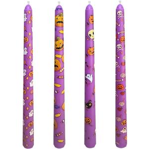 4-Pack Purple Printed Taper Candles Unscented - Dripless & Smokeless 7-Hour Burn - 10" Hand-Poured Candles with Pumkin Skull Ghost Design for Halloween Decoration