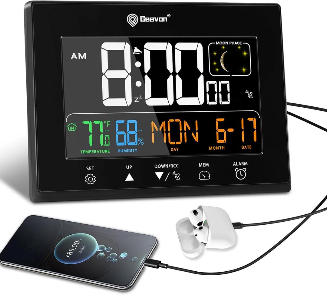 Geevon Digital Atomic Alarm Clocks for Bedrooms, Color VA Display Atomic Clock with Indoor Temperature and Humidity, DST, Dimmable Backlight, 2 USB Ports, Calendar, and Moon Phases