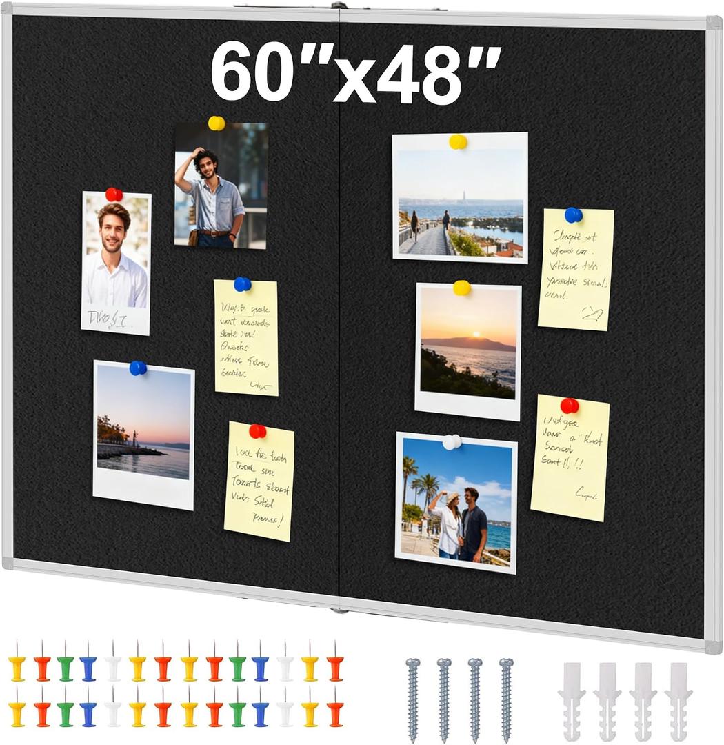 Large Cork Bulletin Board, 48 X 36 in Foldable Silver Aluminium Frame Noticeboard for Wall, 4'x 3' Large Wall Mounted Memo Notice Pin Board with 28 Push Pins for School, Home & Office (Black), 36 x 24 inches