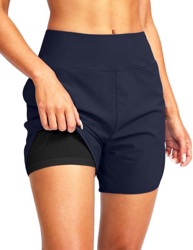 G Gradual Women's 5" High Waisted Swim Board Shorts Quick Dry UPF 50+ Swimming Beach Shorts for Women with Liner Pockets (Medium, Navy)