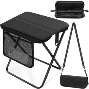 Portable Folding Camp Stool with Side Pocket, Taller Foldable Camping Stool for Adults, Metal Backpacking Stool Lightweight Mini Folding Chair, Compact Camping Seat Travel Fishing Hiking Mobile Chair